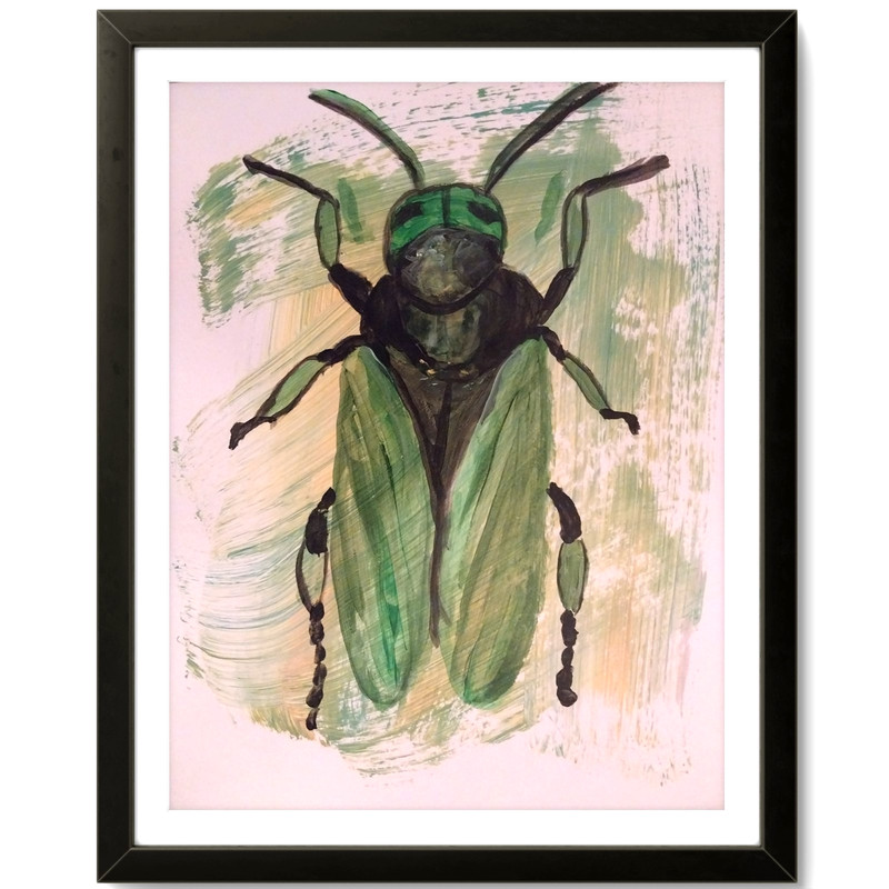 Vibrant Modern Art Signed Big Green Bug Original 11×14 Painting Paper BACH