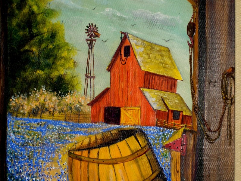 Bluebonnets Blooming Tree Barns Barrel Tool Waterwheel Bird Sky oil cnv Painting gallery