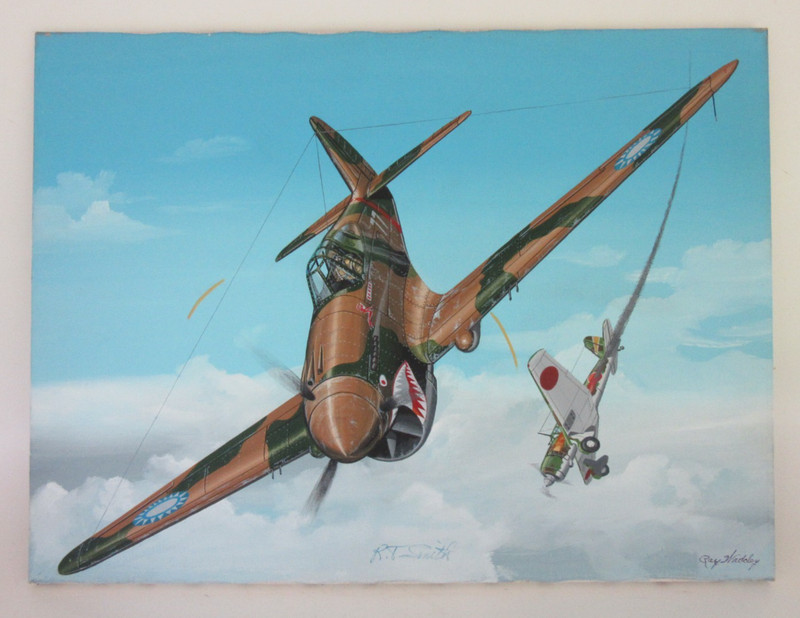 Raymond Waddey Painting AVG Curtiss P-40 Warhawk Combat, Signed R.T. Smith 18×24
