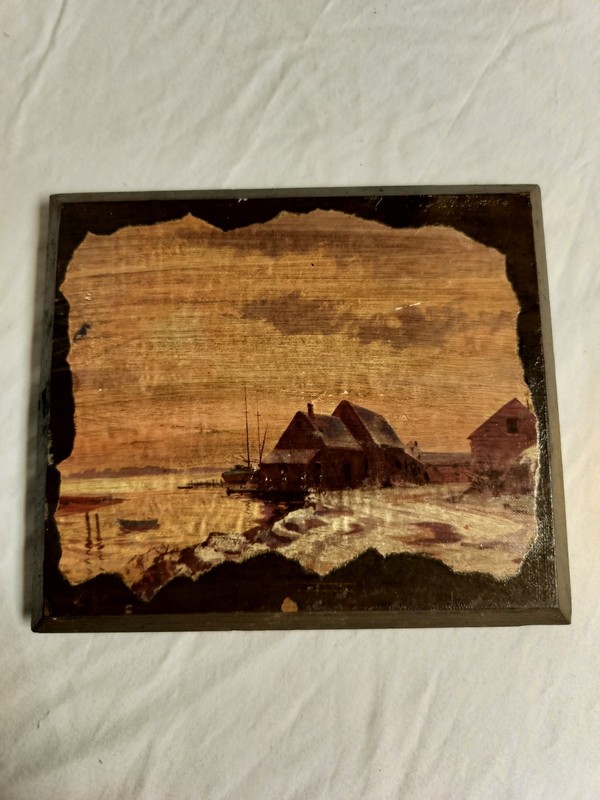 Vintage Oil Painting Art Docks House Boat 8″×7″ Rare