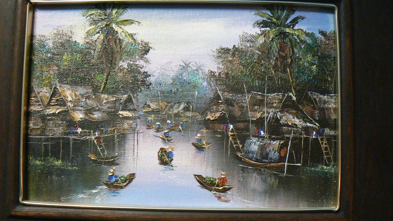 Original Thai Floating Village Oil Painting on Canvas 12"x10" – Hand-Painted gallery