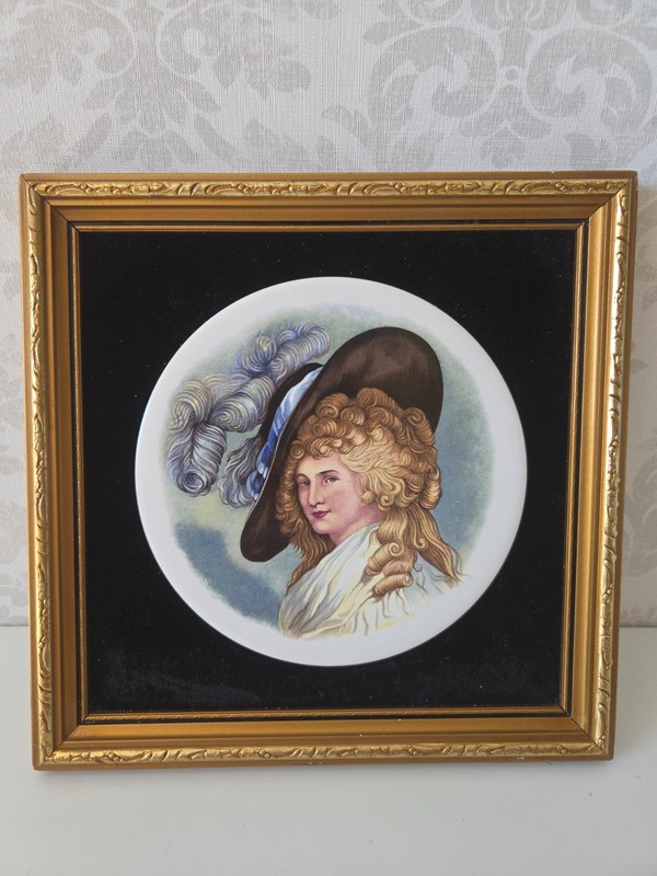 Vintage Framed Porcelain Ceramic Portrait Plaque Lady Feathered Hat 22.5×22.5cm
