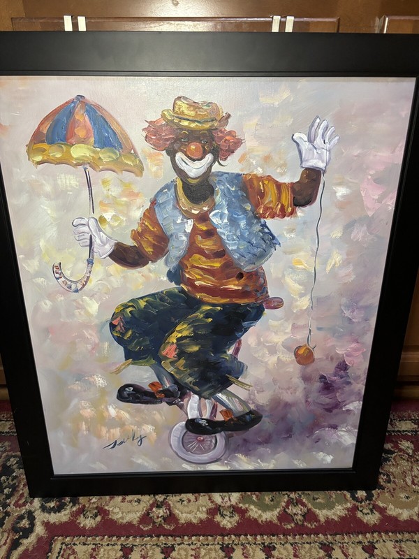 VTG JACKY CIRCUS AFRICAN AMERICAN CLOWN ORIGINAL OIL ON CANVAS PAINTING FRAMED
