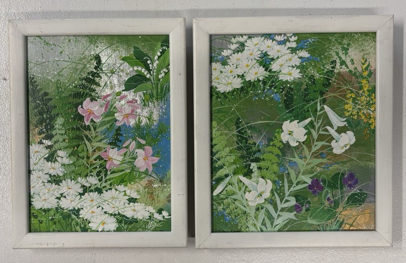 2 Tatsuo Ito Original Paintings Of Flowers – Gold and Silver Detail