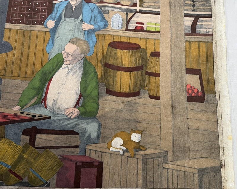 Men in Storeroom Playing Checkers, Vintage Illustrastion Painting On Felt Canvas gallery