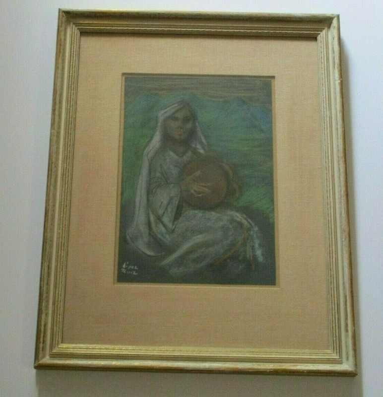 CARLOS LOPEZ RUIZ DRAWING ORIGINAL MID CENTURY MODERNISM PORTRAIT COLOMBIA RARE