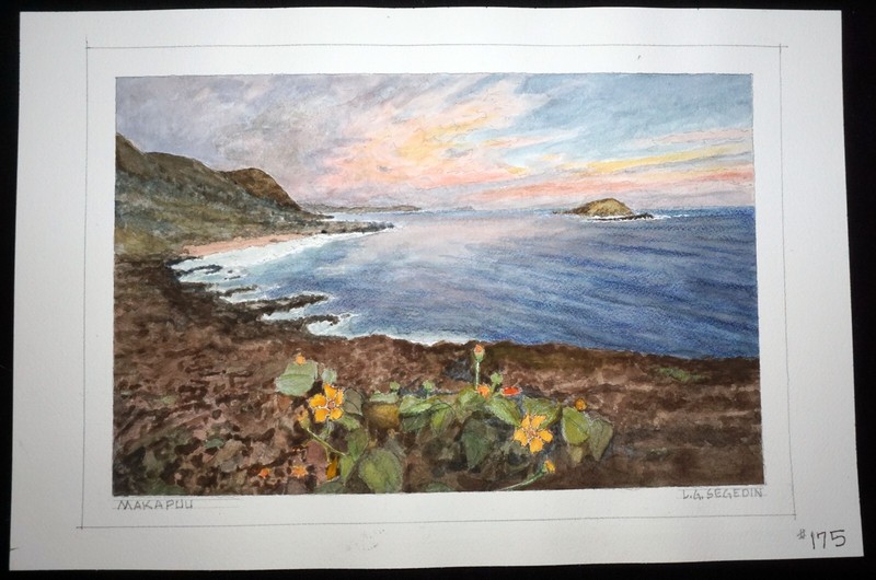 Hawaii Watercolor Painting "Makapuu w. Flowers, Oahu" by Larry Segedin #175 gallery