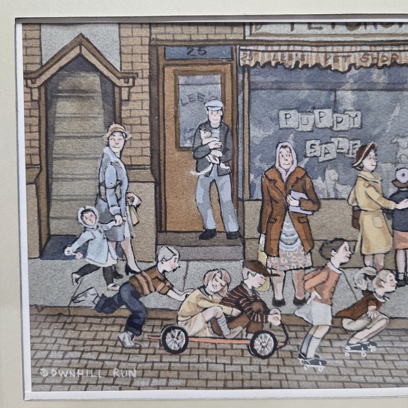 Original Signed 1985 Gouache/Watercolor Painting by S. Harman: 'Downhill Run' gallery