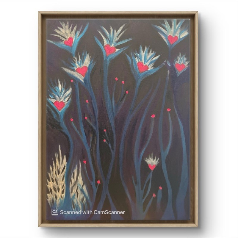 BLESSED#262 Black Flower Night Heart Field 16×20 Oil Canvas Abstract Original