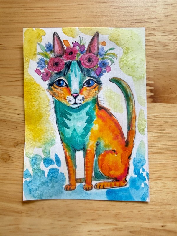 Flower Crown Cat ACEO Original Watercolor Painting OOAK Cat Art by AdriO gallery