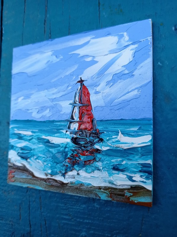 Original Painting Island Art Tropical Sailboat at sunset Oil Art Seascape 4 x 4 gallery