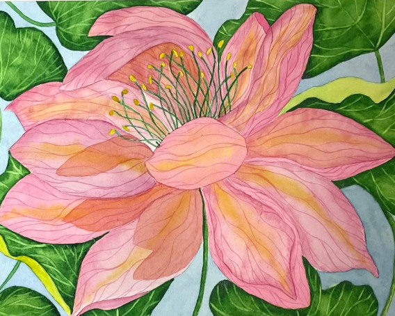 PAINTING WATERCOLOR ORIGINAL ART FLOWER LOTUS PINK CORAL ORANGE 11X14 MAT 16X20