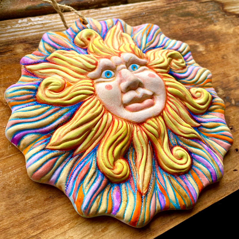Handpainted Sun 7" Terracotta Sun Wall Plaque Signed One of a Kind Americana Art gallery