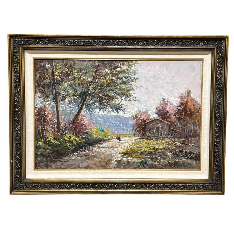 Jean Toulon Oil Painting Landscape Cottage Trees Framed 46x34” Signed Large gallery