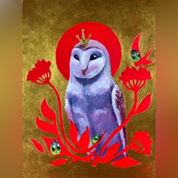 Owl Original painting Surreal Nouveau ladybugs Red moon Gold Accents Artettina gallery