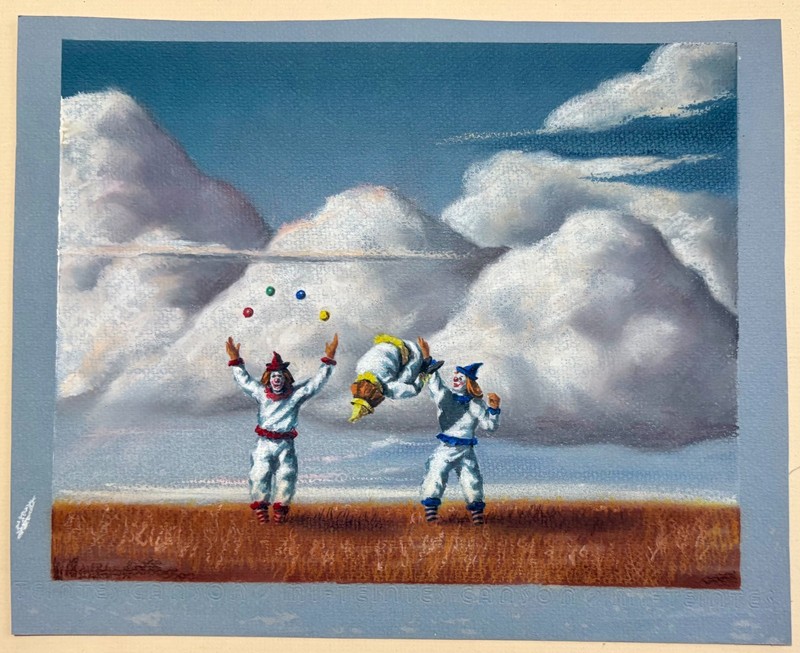 Vintage Pastel on Paper Unsigned Juggling & Acrobatic Circus Clowns in Landscape