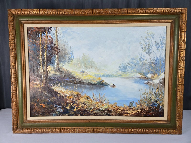Manuel Munoz Merida, Spain original landscape w river oil painting 36″ x 24″