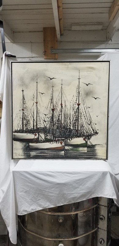 Beautiful 36 x 36 Nautical Harbor Scene Painting by R. Styles – Original Framed