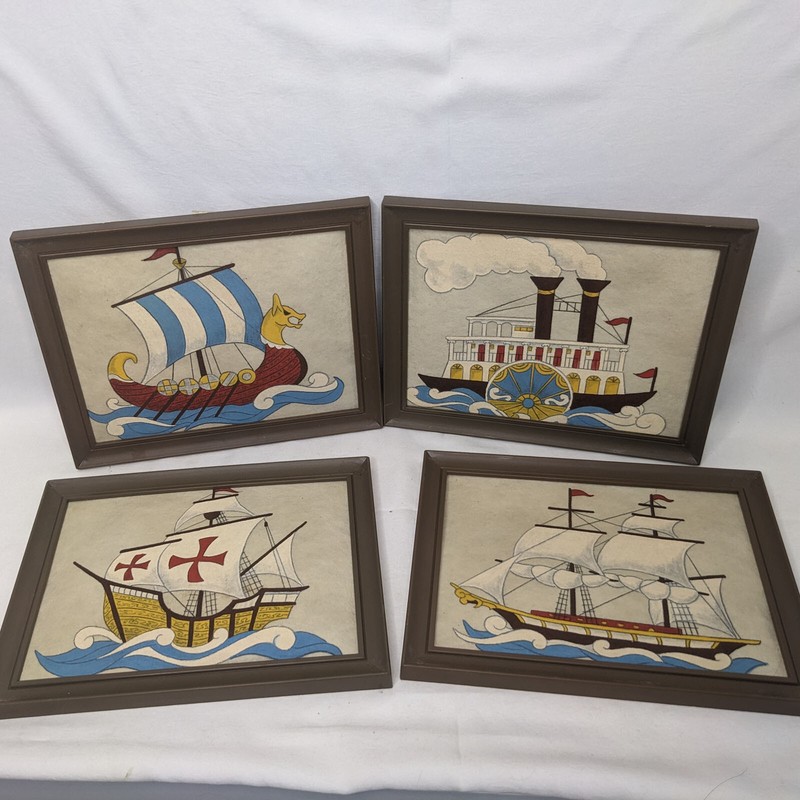 4 Ships Painted on Felt in Plastic Frames Nu-Dell USA Steamboat Viking Caravel