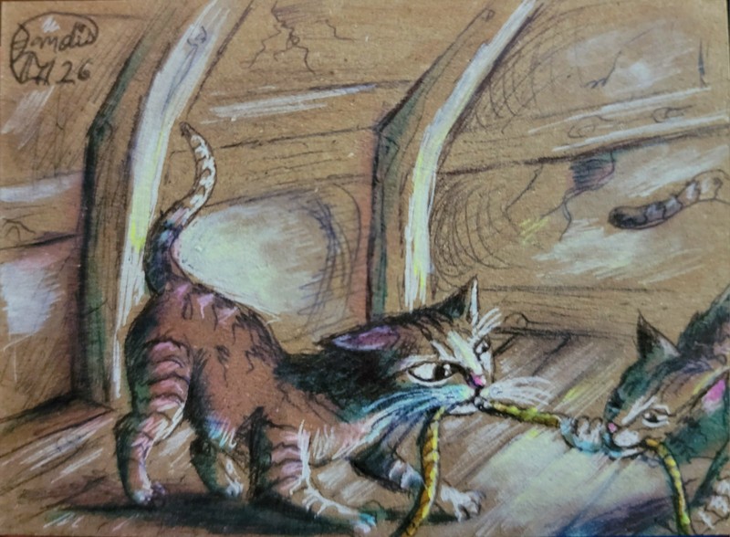 Jacob Landis WHIMSY HANDMADE ORIGINAL ACEO Sketch Kittens Cats «Tug Of War»