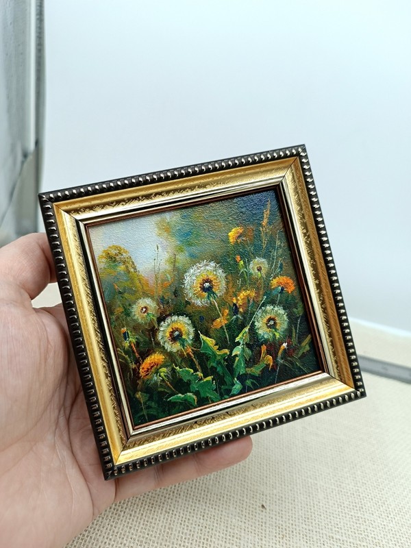 Dandelion Original Oil Painting 4x4 Framed Signed Wildflower Sunset Floral Art gallery