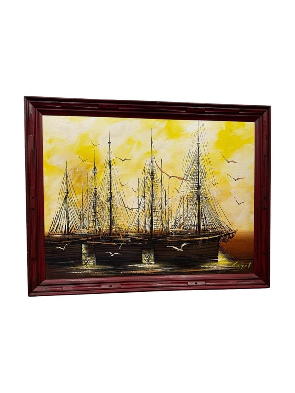 Large Vintage Signed Sailboat Oil Painting | Mid-Century Nautical Art in Red Woo