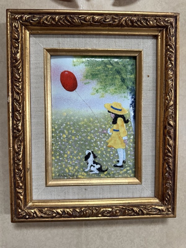 Girl with Red Balloon Spotted Dog Enameled Copper Painting By MINGOLLA