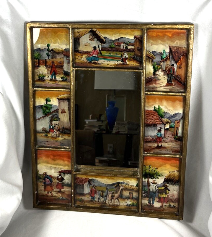VINTAGE REVERSE HANDPAINTED PERVUIAN VILLAGE LLAMAS WITH 8 PICTURES & MIRROR