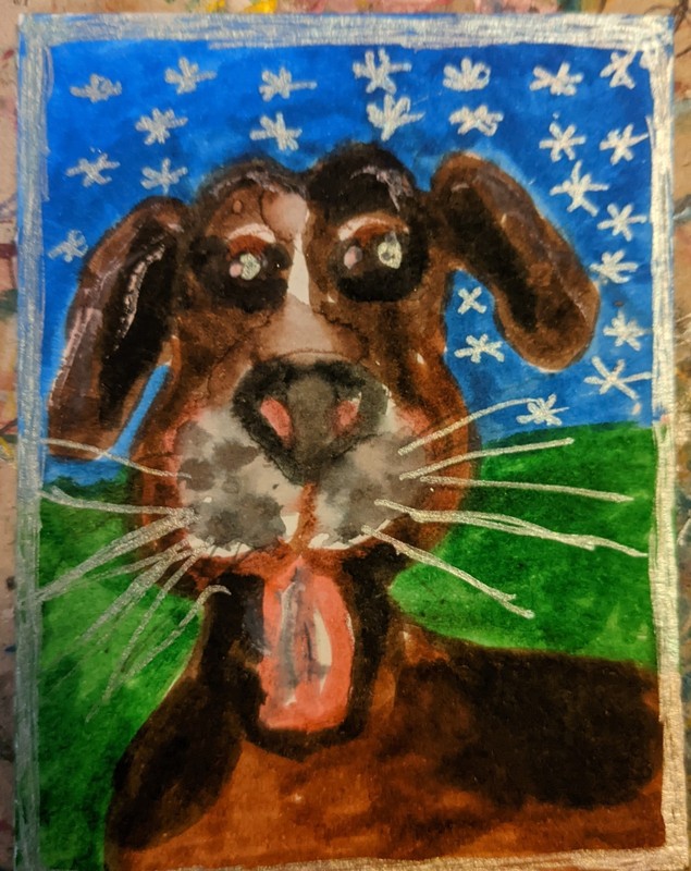 ACEO Original Watercolor Painting markers Signed Cute brown dog