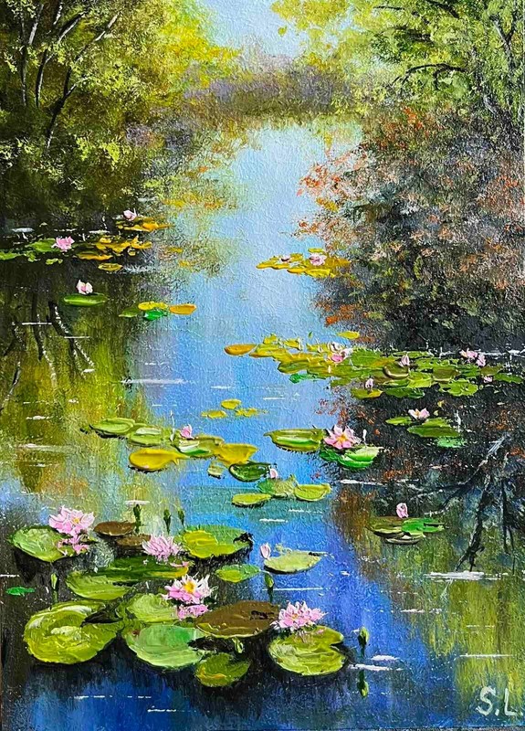 Summer Original Oil Painting Landscape Forest Backwater Lake Wall Art 5 x 7 in
