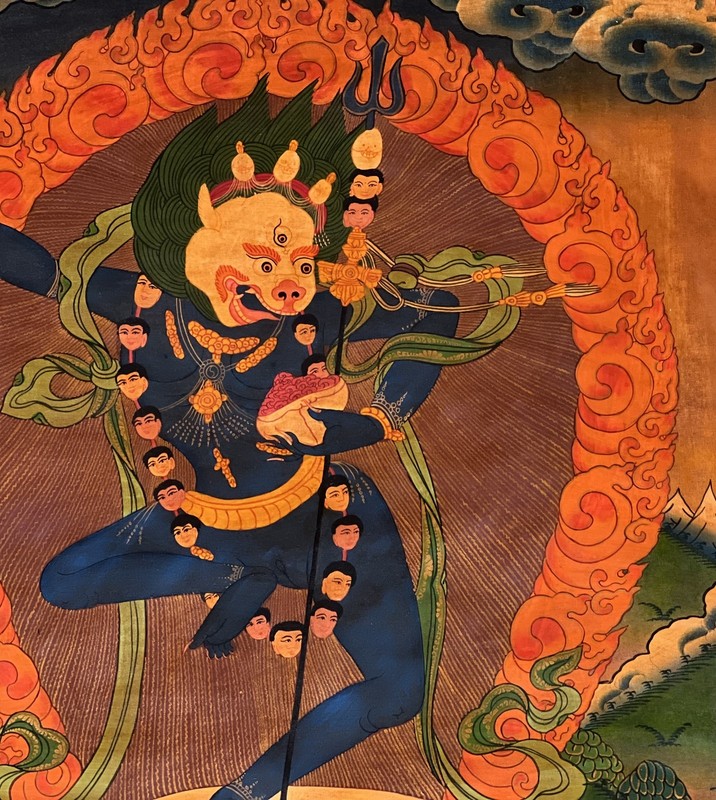 SIMHAMUKHI LION FACED YOGINI ORIGINAL OLD OIL VARNISHED TIBETAN THANGKA PAINTING gallery