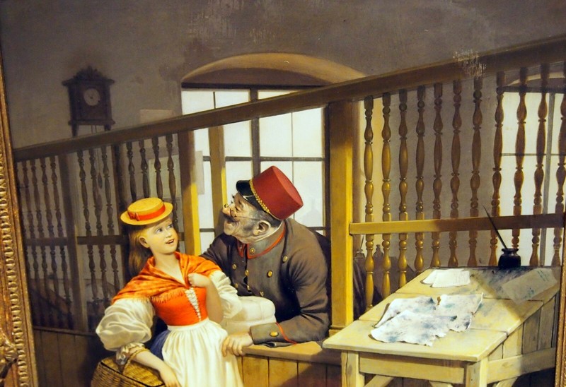 VICTOR GOULARD PAIR PAINTINGS 19 C POSTMAN FLIRTING THE GIRL & DRESS FITTING gallery