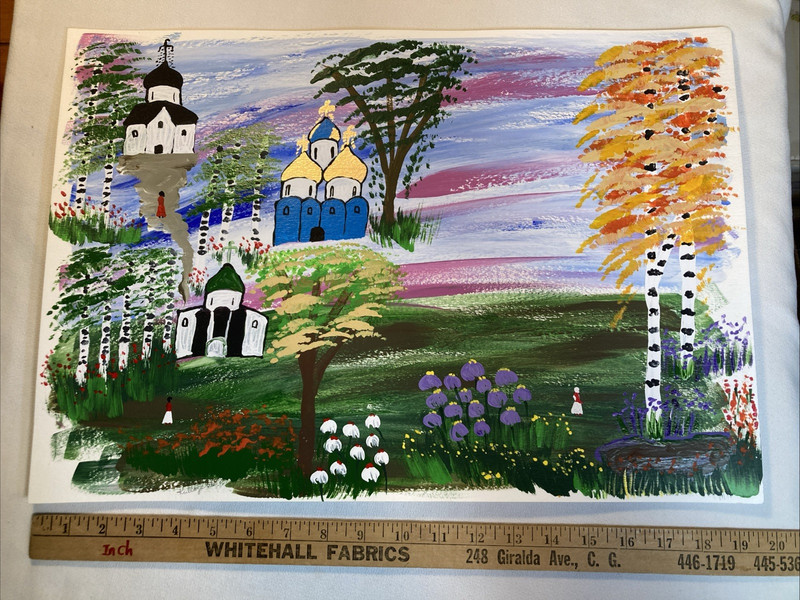 Original Painting Russian Eastern Orthodox Church Flower Tree Country Landscape