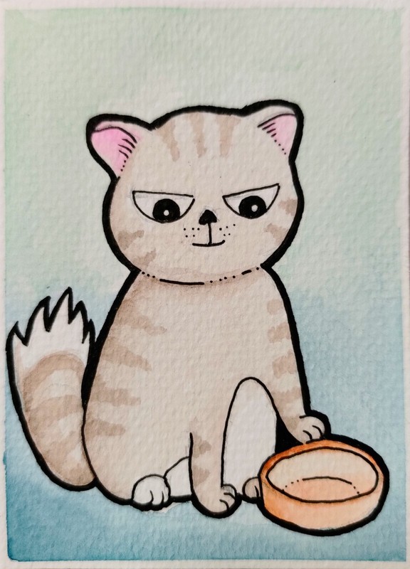 ACEO Original Art Painting Drawing Hungry Cat Mixed Media