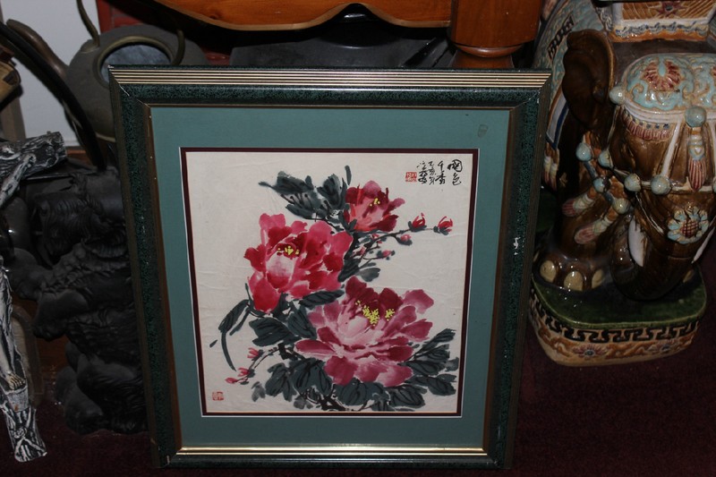 Superb Asian Chinese Watercolor Painting-Red Flowers-Signed Stamped Symbols-#2