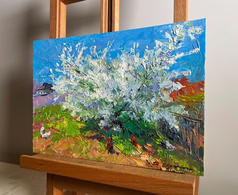 Oil Painting Flowering Tree And Chickens B. Serdyuk Unframed Original nAAA3806 gallery