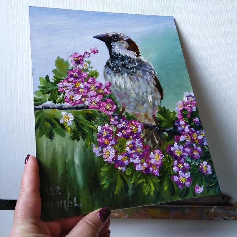 Original modern painting Sparrow Bird Floral Spring Oil Panel hand painted art gallery