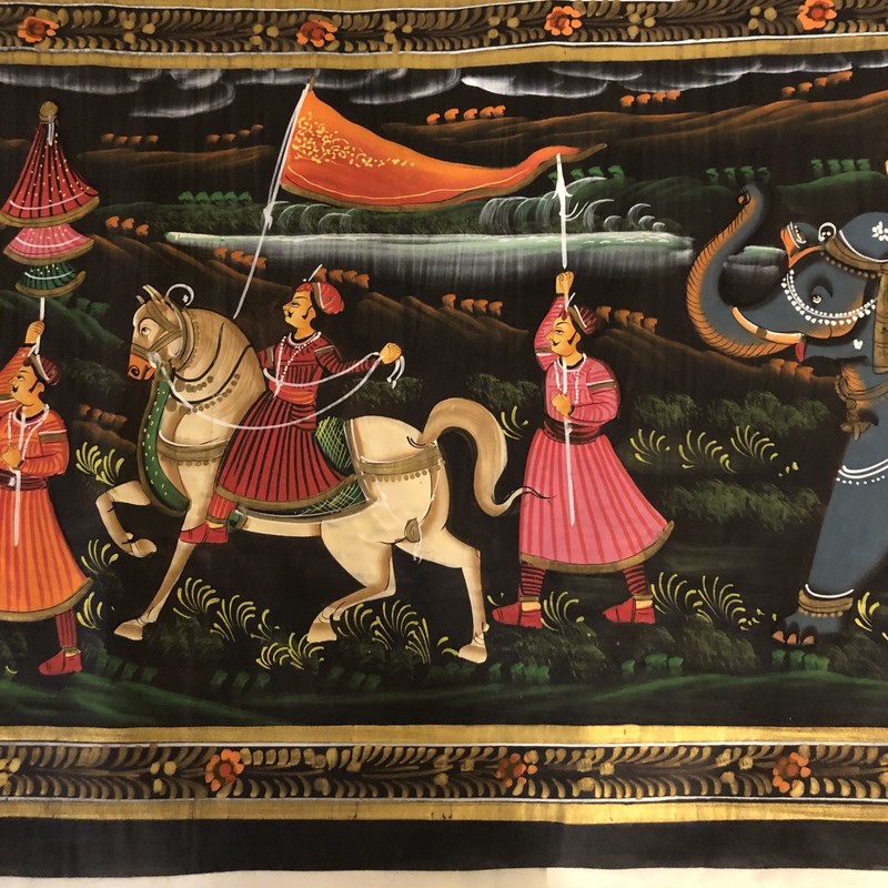 Rajasthani Miniature Painting Of Maharaja Procession Art On Cloth 56x18 Inches gallery