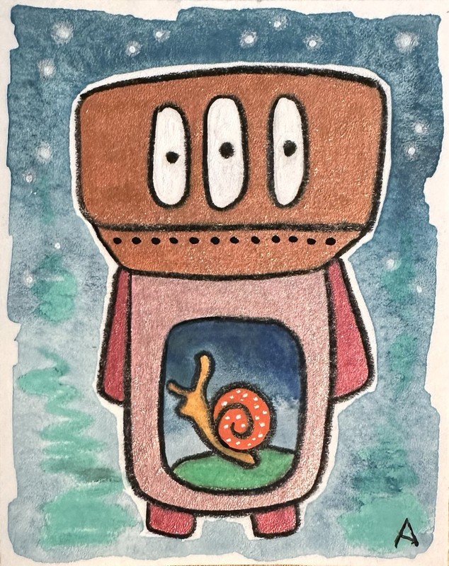 Snail Bot By Amy Weber 2×2.5 Mixed Media Painting Original Art