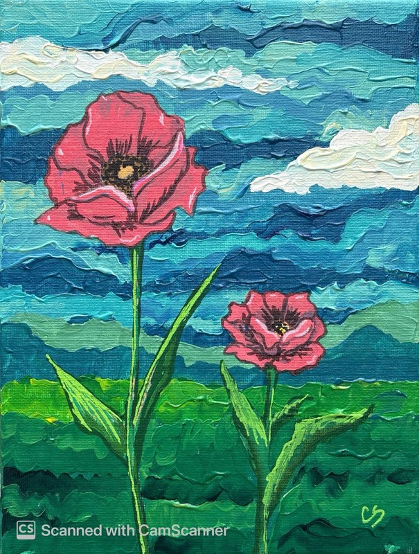 Poppies in a Summer Meadow Original Acrylic Painting 8X10 Signed Canvas Art,
