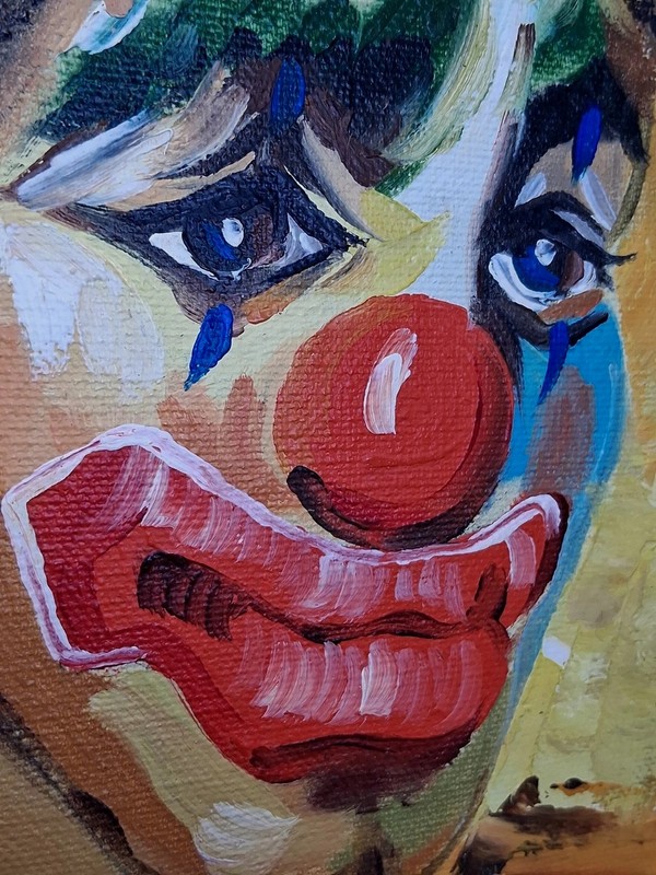 Sad Clown Framed Painting Impasto Vtg 80s Linen Covered Trim Mat Taupe 12"x10" gallery