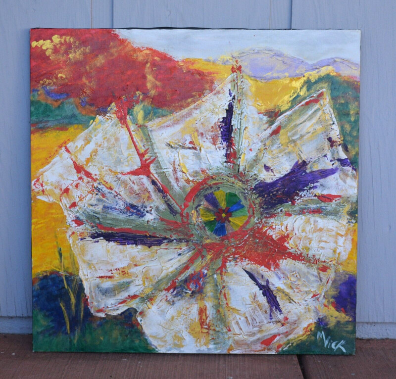 Vintage Painting – Jimson Weed Flower – Psychedelic Glowing Colors – Signed Mick