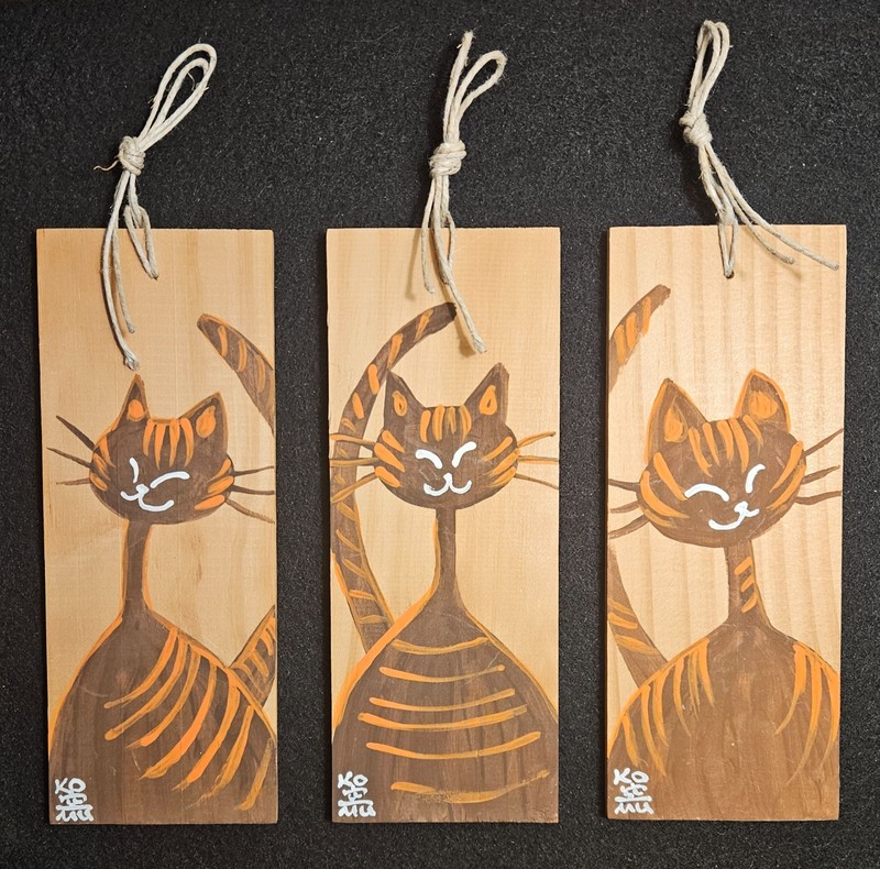 VTG Japanese Cat Painting Wood Wall Hangings Triptych Orange Tabby Signed 2003