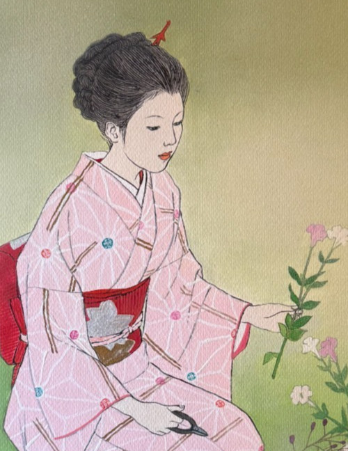 Orig 1976 Signed Japanese Painting S ASAKURA Ikebana Flower Arranging Showa Art