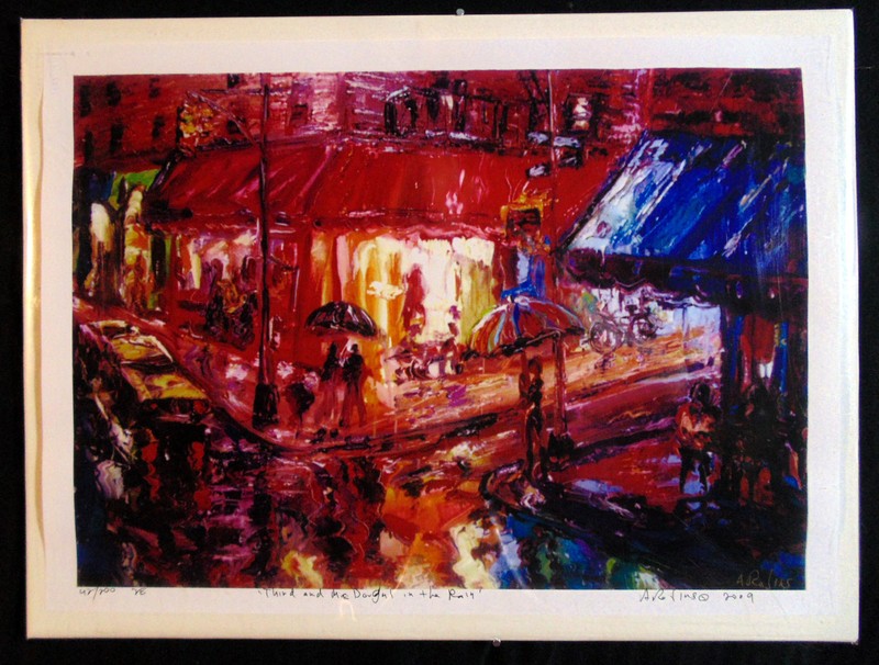 LISTED ARTIST Arthur Robins Oil Painting NYC CITYSCAPE rain cars night PIZZA
