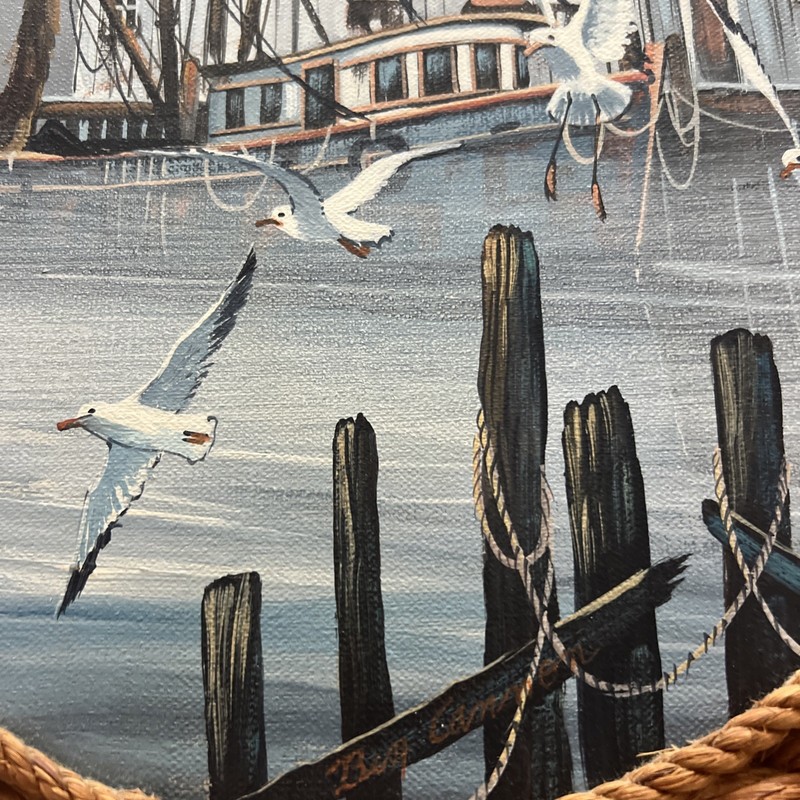 Ben Cannon Nautical Oil Painting Sailboat Seagulls Round Rope Frame 13.5”Signed gallery