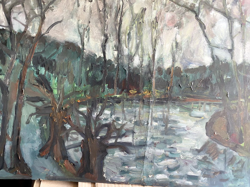 ::RIVER NOVEMBER OIL PAINTING EXPRESSIONIST ANTIQUE °TREES BANKS SKY FOREST UNSIGNED gallery