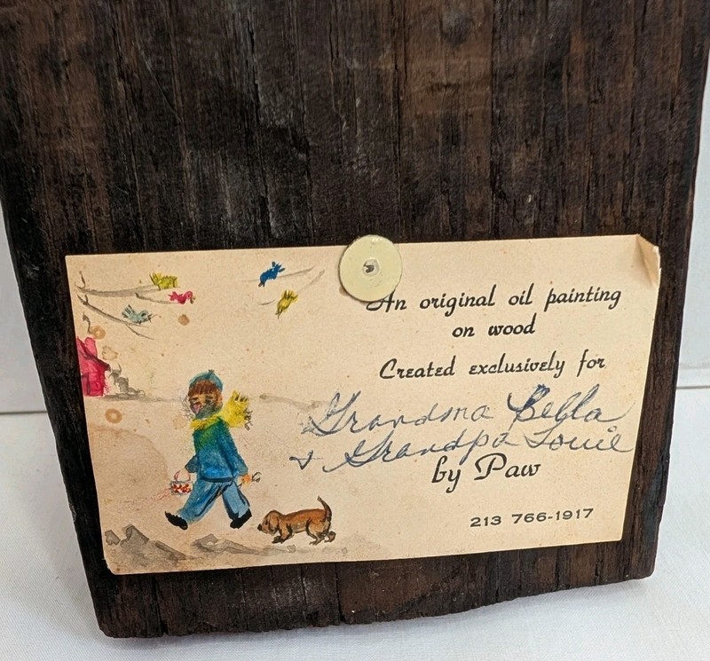Vntg Signed Painting On Reclaimed Board Boy W Dog Attached Artist Card gallery