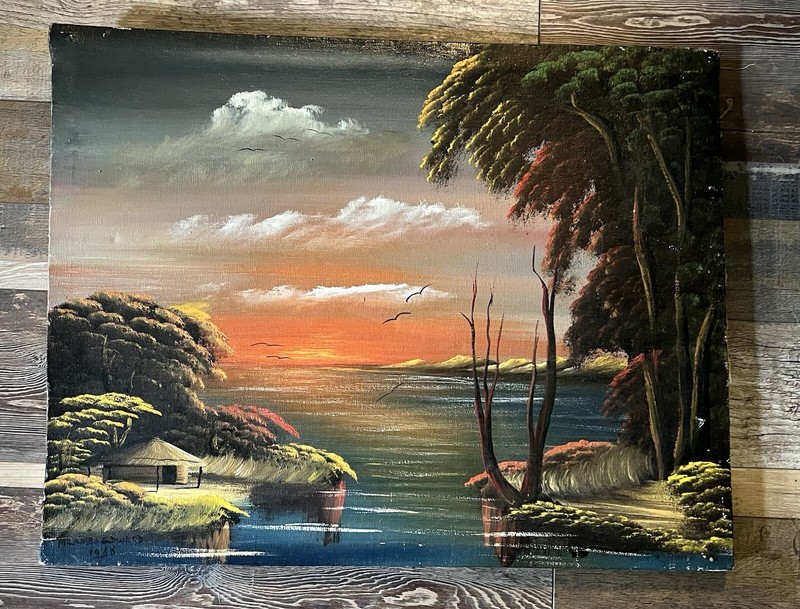 Vintage 1966 Milambo Edward Sunset And WaterOriginal Oil Painting 20” X 15 6/8”