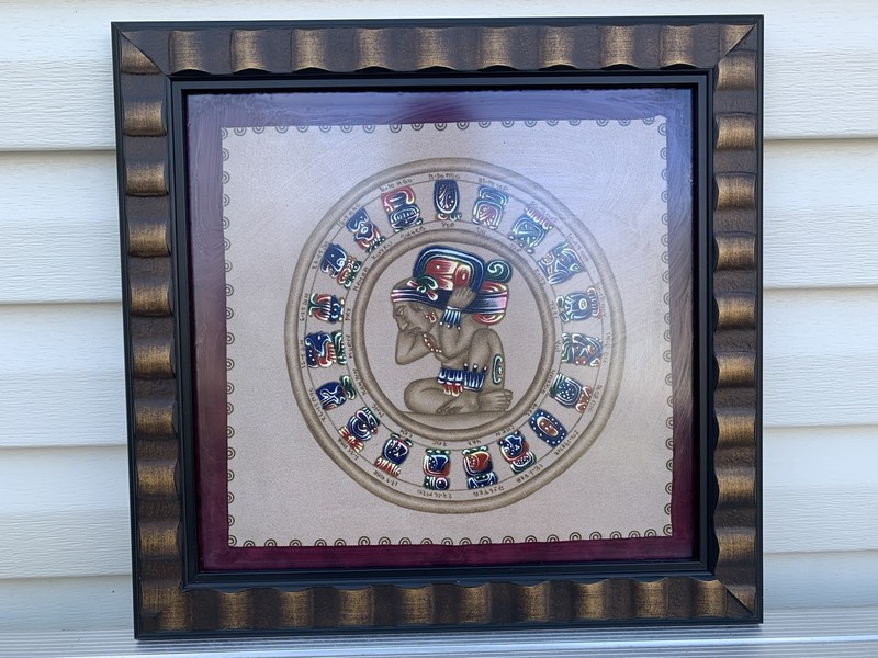 Mexico Mayan Aztec HAAB Calendar Hand Painted on Suede Leather Framed Wall Art